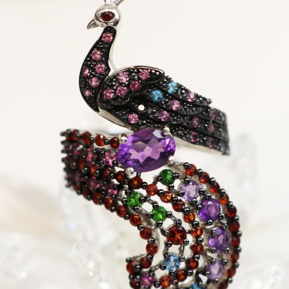 Sterling Silver Peacock Statement Ring Amethyst & Multi Gemstones in Sz 7 💚🦚🩵💍💜